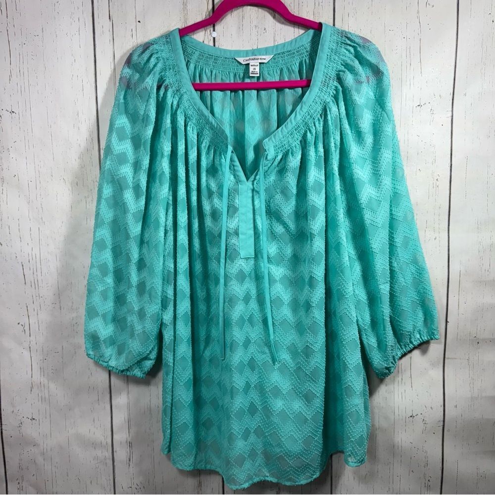 Croft & Barrow Aqua Boho Peasant Blouse Textured Tie Neck 1X Coastal Resortwear